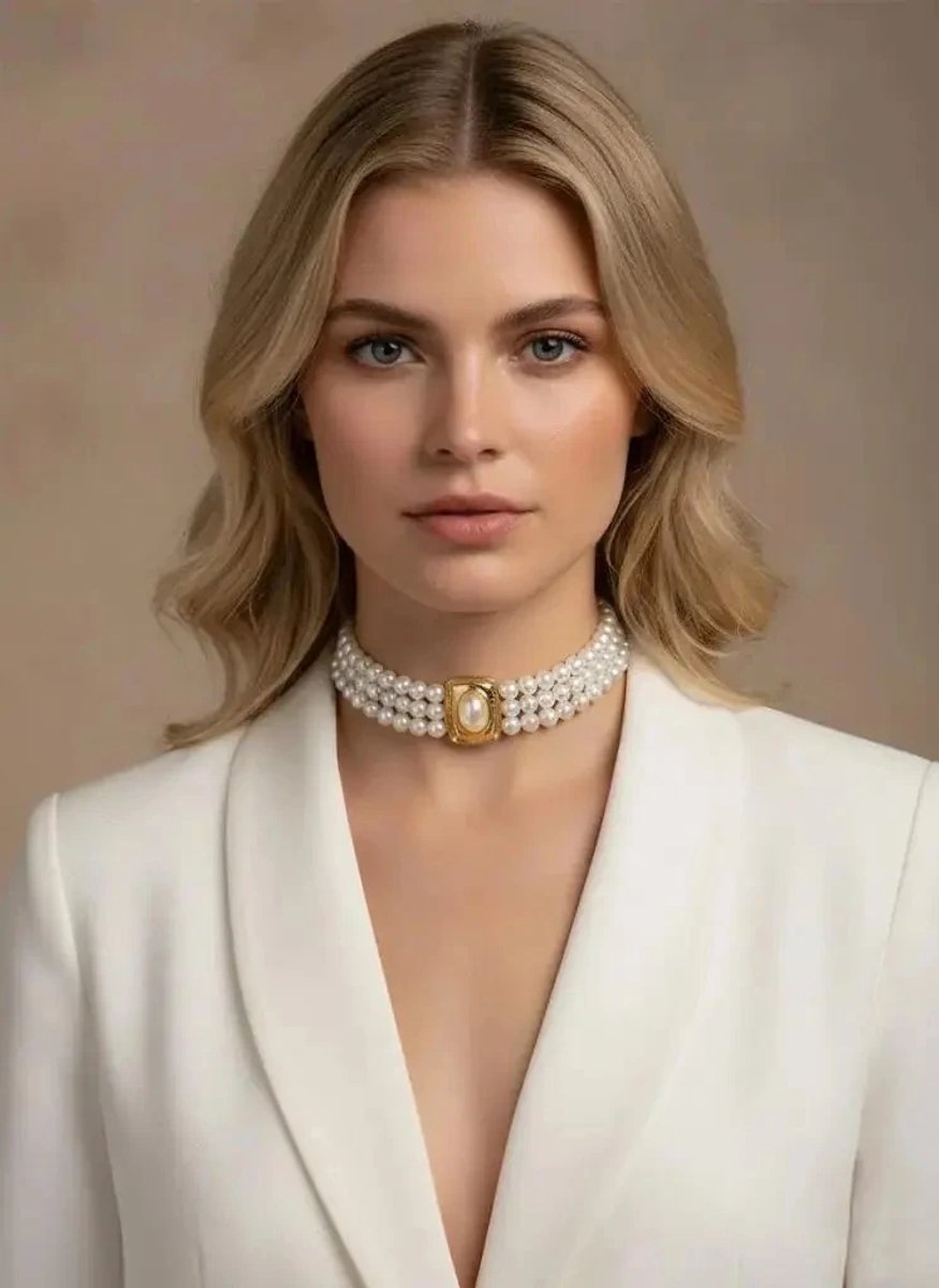 Dorvina 3-Rij Parel Sieraad Vintage Design Goud Detail Choker Dames Ketting