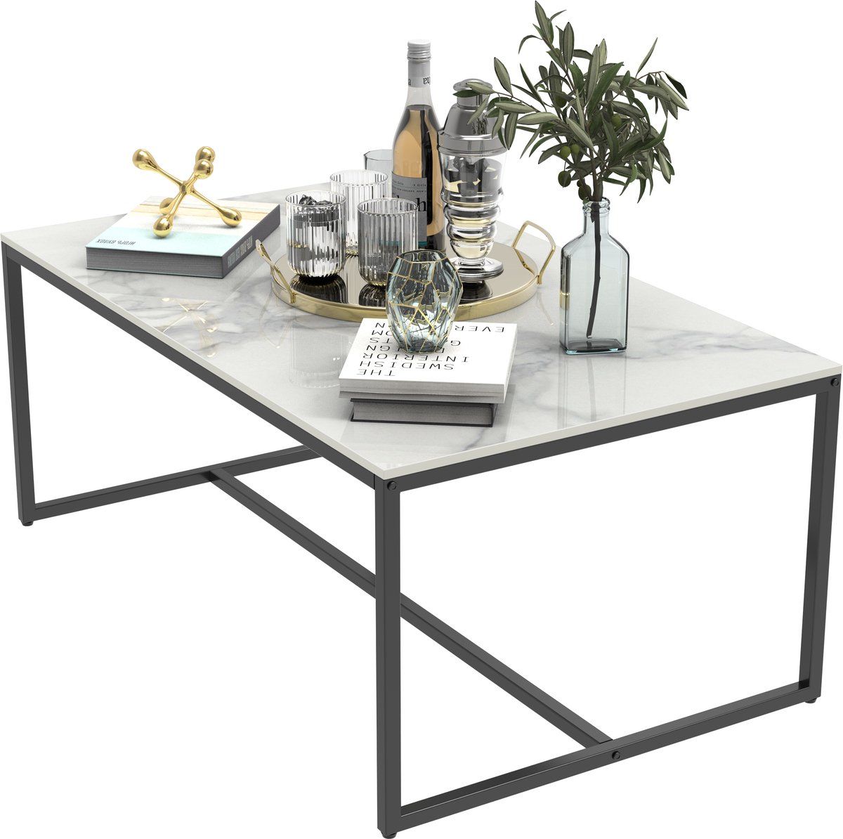 FATIVO Salontafels Marmer - Rechthoekige - Koffietafel met metalen frame - Bijzettafel Donkergrijs - Sidetable - Ideaal voor Woonkamer of kleinere ruimtes - 100x60x43cm