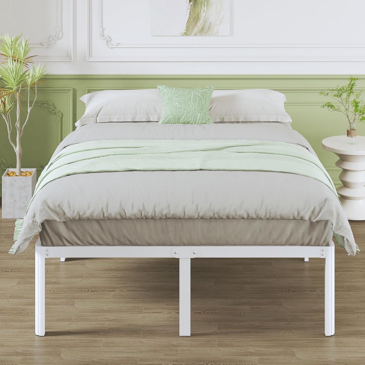 Modern Metalen Bedframe 160x200 cm met Afgeronde Hoekpoten, Sterke Lattenbodem, 46 cm Hoogte en Extra Opbergruimte – Wit