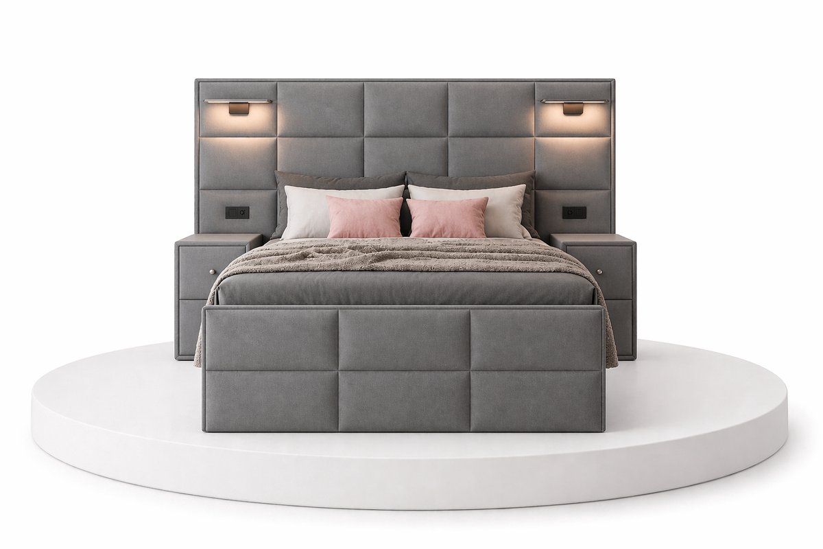 Boxspring Veloura - 160x200 Compleet - Met nachtkastjes - Grijs - Ledjes & Stopcontacten - BalBedden thumbnail 2