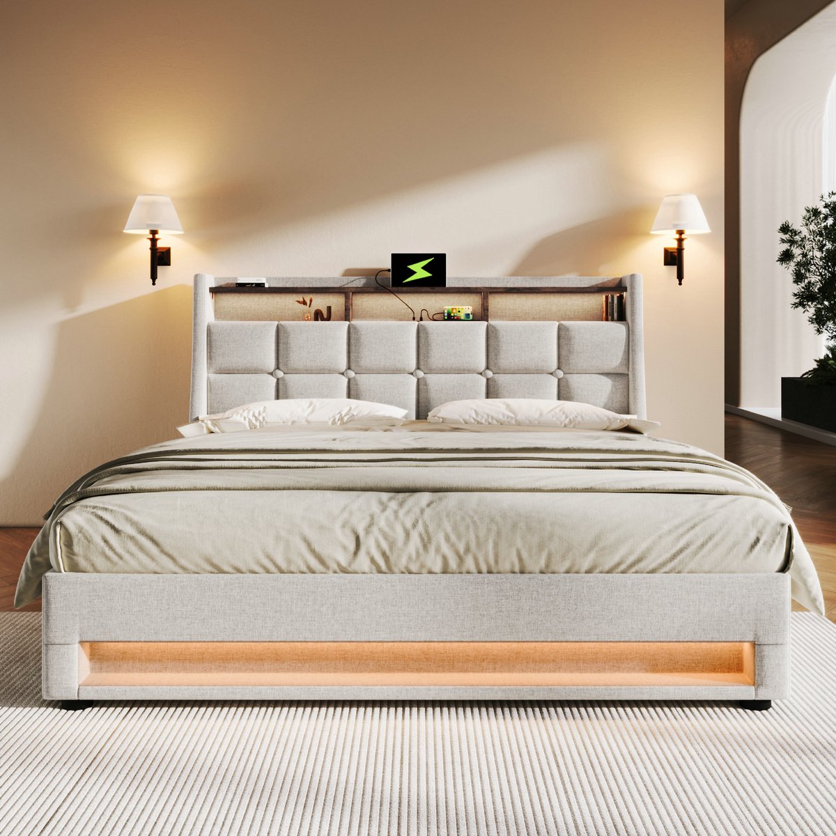 VVBV Tweepersoonsbed 180x200 / Gestoffeerd bed – met LED-Verlichting, USB, Lattenbodem – Tienerbed – Linnen – Beige – Zonder Matras
