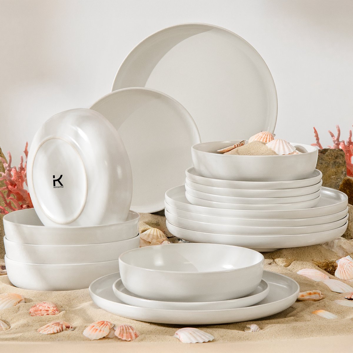 KONSIMO® VICTO - 18 delig - 6 persoons - Keramiek - Dessertbord, Diepbord, Dinerbord - Wit