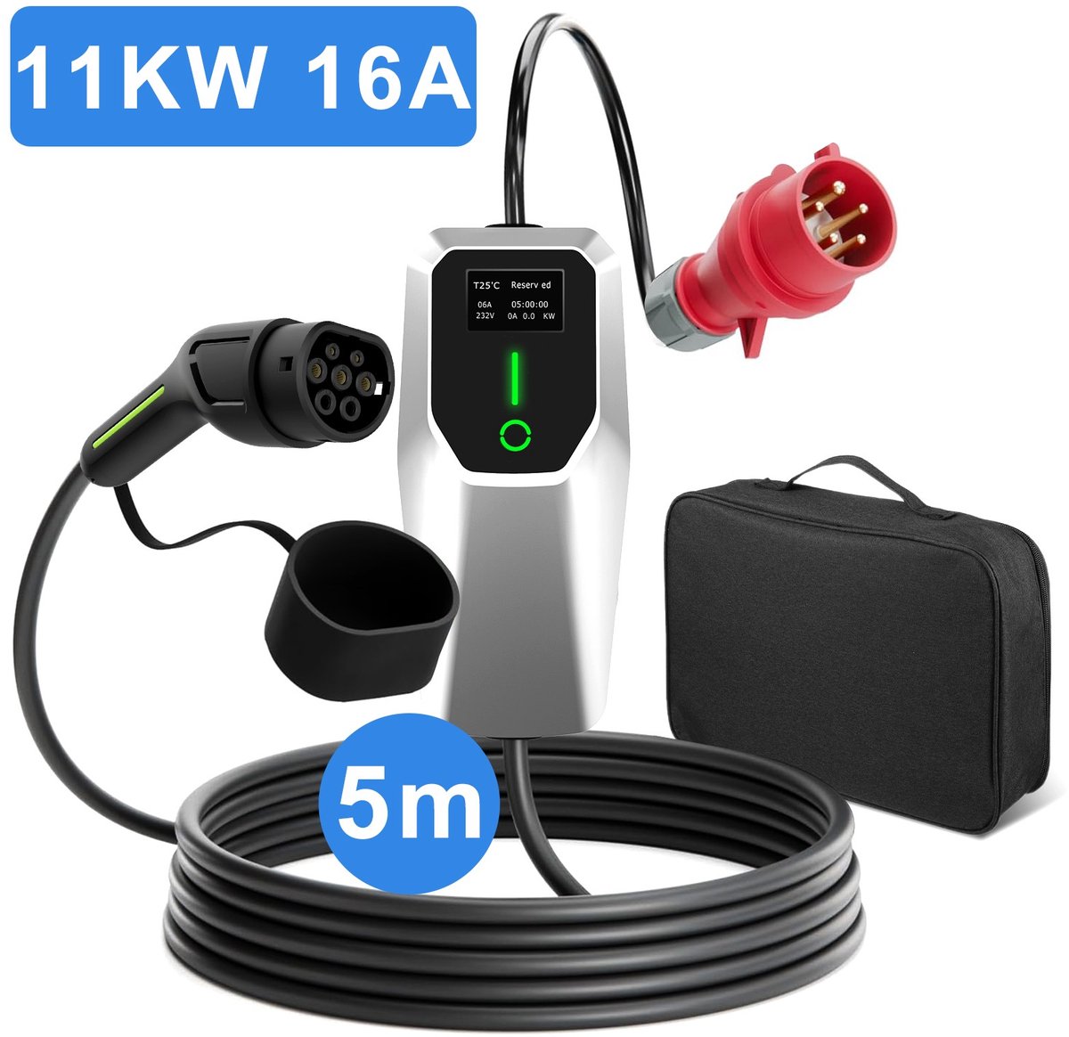 Junsun Draagbare/wandgemonteerde oplaadkabel voor elektrische auto's | 11kW 16A 3-Fase EV Laadkabel - Type 2 Laadpaal , 5M Kabel + LCD Scherm & Opbergtas - 6A/8A/10A/13A/16A Schakelbaar - IEC62196-2 & IP67 - CEE-stekker met aarding
