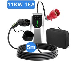 Junsun EV EU Mobiele Thuislader Laadkabel - 11kW 16A 3-Fase - Type 2 Laadpaal - 5M Kabel + LCD Scherm & Opbergtas - 6A/8A/10A/13A/16A Schakelbaar - IEC62196-2 & IP67 - CEE stekker met aarding