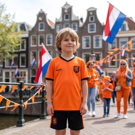 Jongen in oranje voetbalshirt met 'HOLLAND' en leeuwendruk, met zwarte broek en oranje vlaggetjes op de achtergrond.