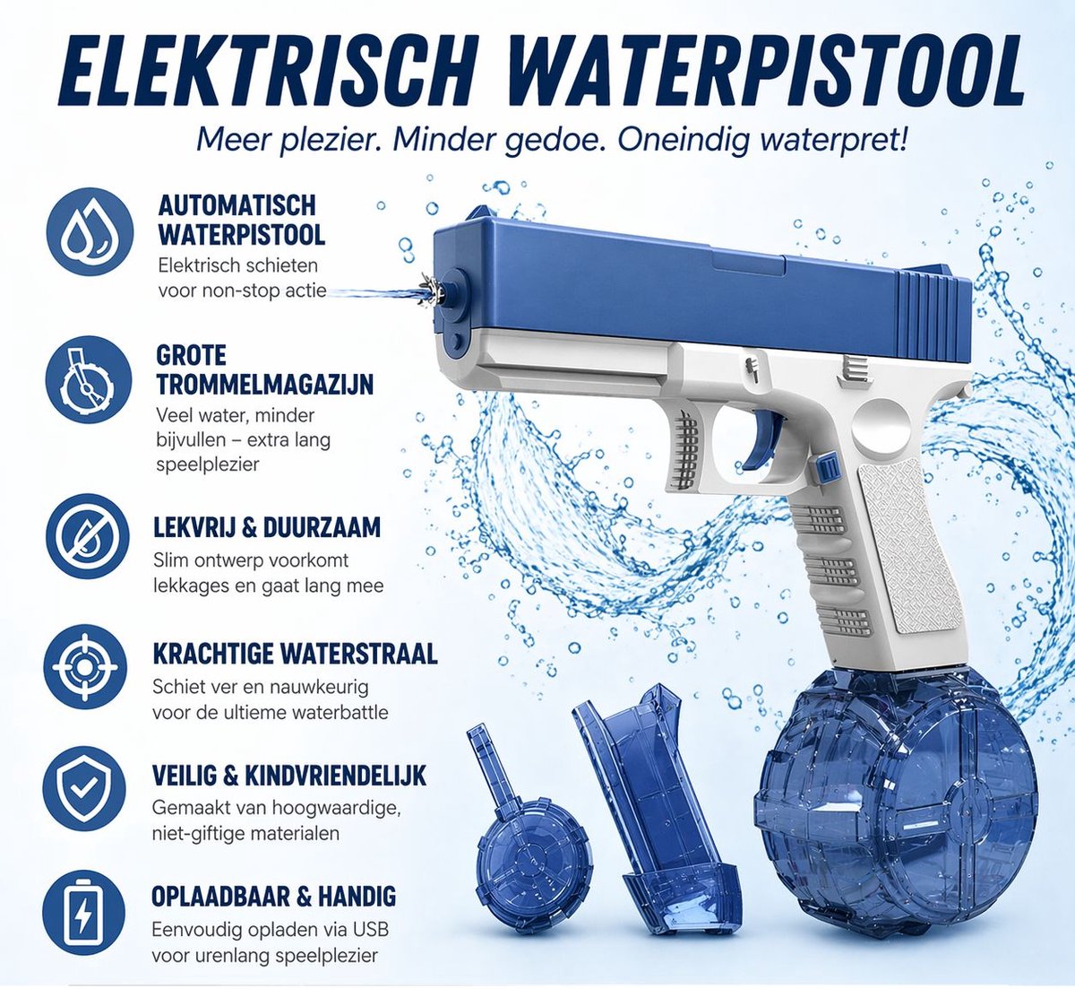 Astravon Elektrisch waterpistool - 2026 MODEL - 2 Magazijnen - Automatisch - Elektrisch - Waterspeelgoed - Waterblaster - Buitenspeelgoed - Zomerspeelgoed - Automatisch - Blauw - USB — afbeelding 2