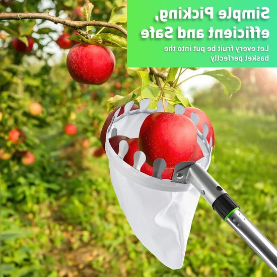 Fruitplukker met telescoopsteel van roestvrij staal en katoenen tas, ideaal voor het plukken van appels, peren en citrusvruchten. — afbeelding 2