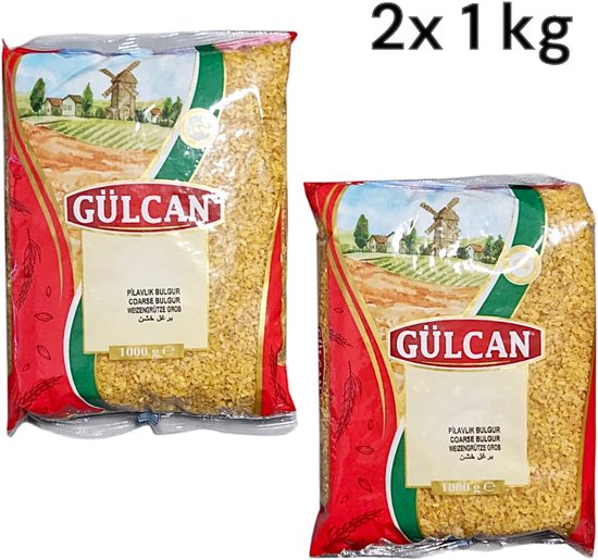 Twee pakken Gülcan grof bulgur, elk 1 kg. Rode verpakking met afbeelding van molens en velden.