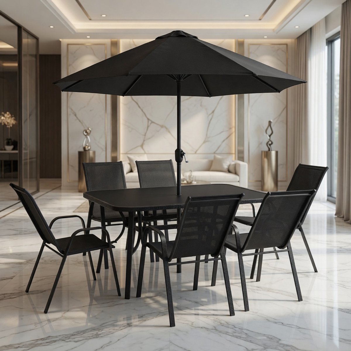 Luxe 8-Delige Tuinset met Parasol – Tuinmeubelset voor 6 Personen met Glazen Tafel, Stapelbare Stoelen, Weerbestendig & UV-Bestendig – Zwart Modern Design voor Tuin, Balkon en Terras MedaHomeStore
