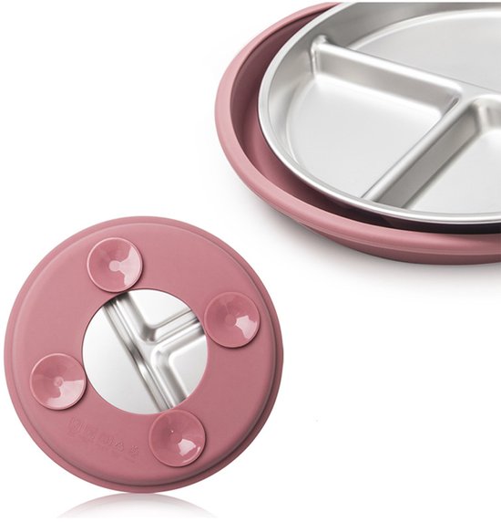 Roze deksel met vier zuignappen voor een roestvrijstalen bord met drie vakken.