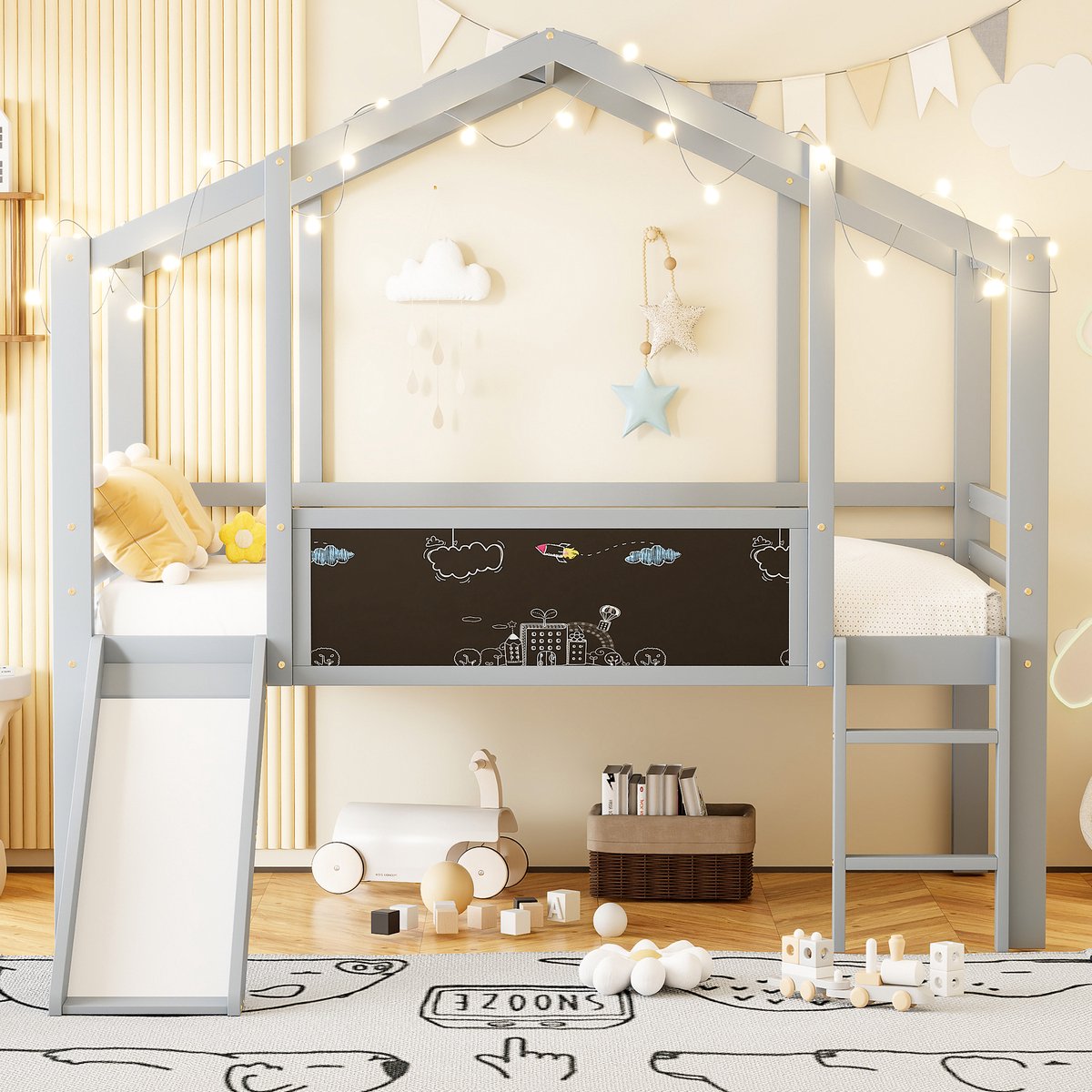 VVBV Kinderbed 90x200 cm met Glijbaan, Trap en Krijtbord - Halfhoogslaper Huisbed Massief Hout Grijs Grey
