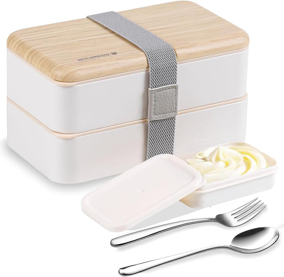 Bento Box Lunchdoos Set met Divider en RVS Bestek voor Japans Stijl Maaltijden - Wit