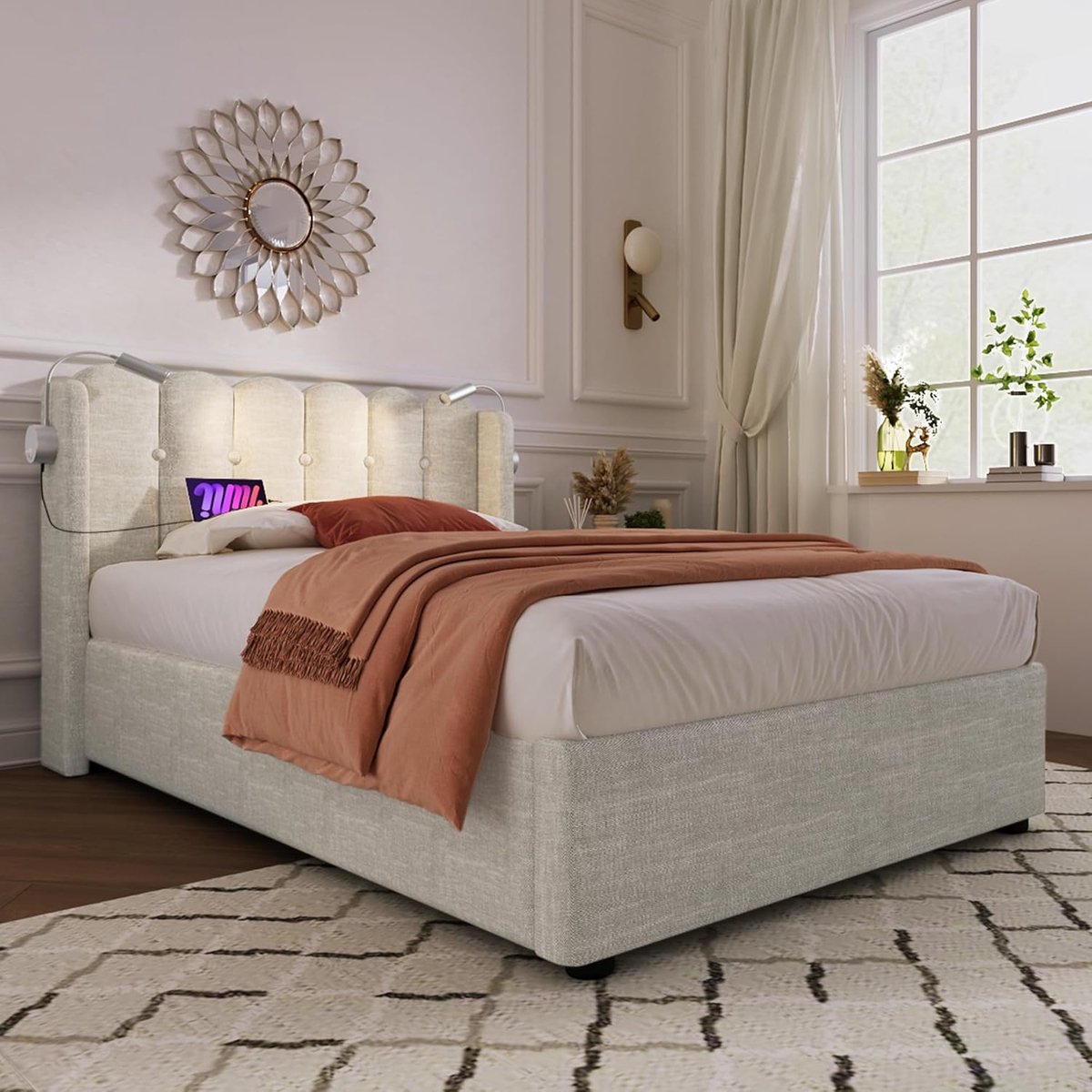 Gestoffeerd bed met opbergruimte 90x200 cm – Tweepersoonsbed met LED leeslamp, USB-oplaadp