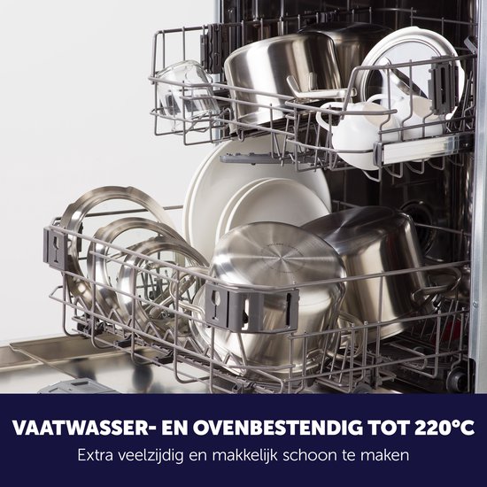 RVS pannen en deksels in een vaatwasser, met tekst 'Vaatwasser- en ovenbestendig tot 220°C'.