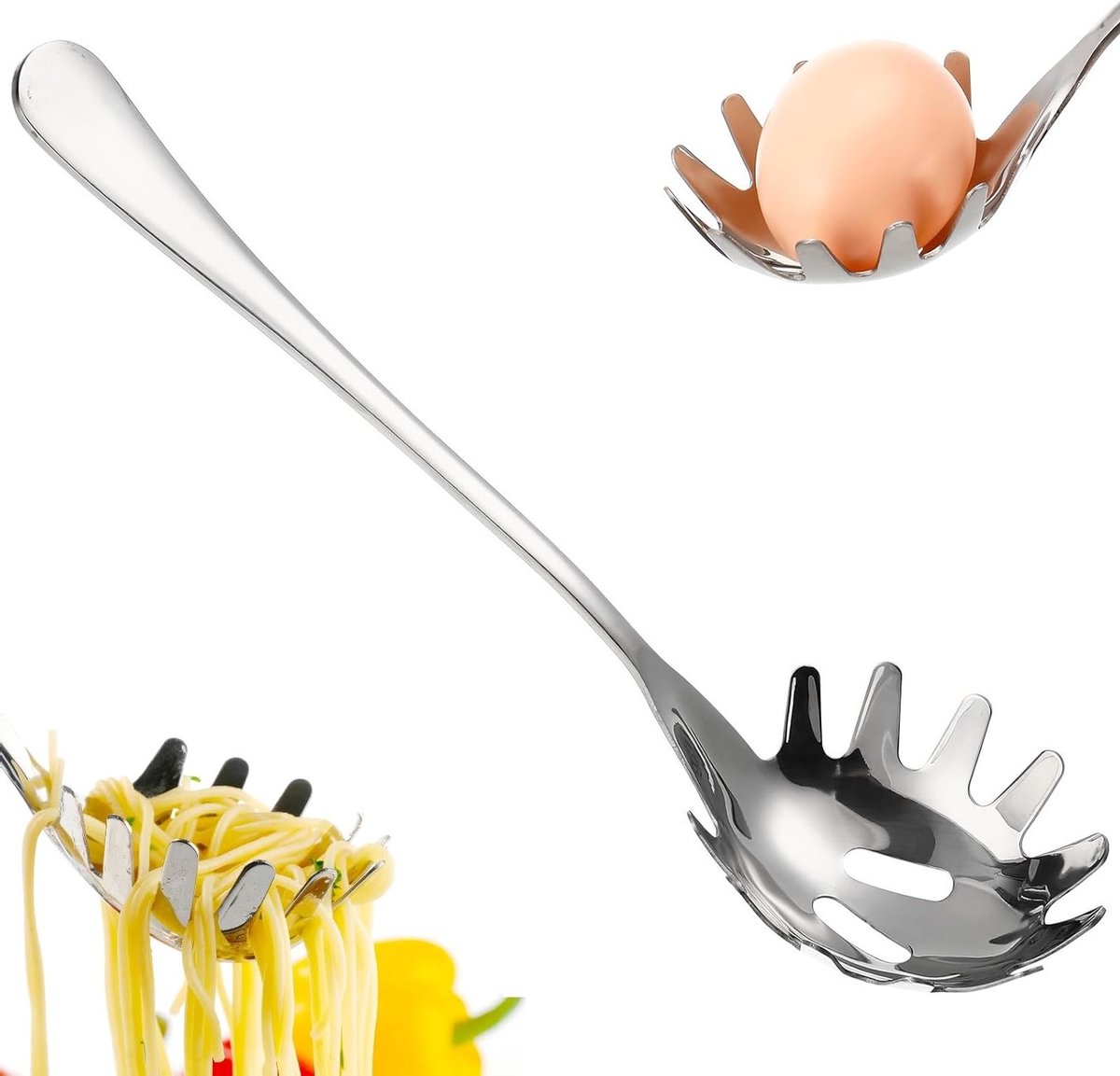 RVS Spaghetti Lepel en Tangen, Ideaal voor Pasta, Ravioli en Salades, Keukenhulpmiddel met Tanden voor Makkelijk Serveren