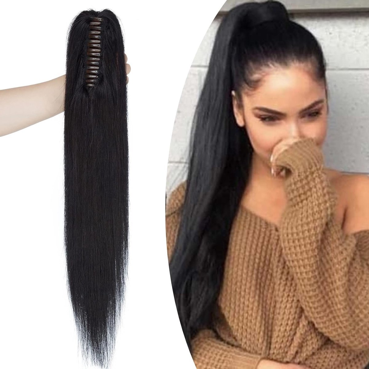 Echte Haar Ponytail Extensions met Clip - 100% Remy Haar, Steil, 35 cm, 105 g, Zwart #1 voor Volumineuze Haarstijl