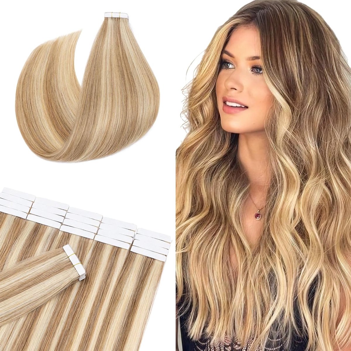 Echthaar Tape in Extensions voor een Naadloze Look - Skin Weft Mensenhaar met Klebestrepen in Witbruin/Hellblond #12p613 - 30cm (20 Stuks)