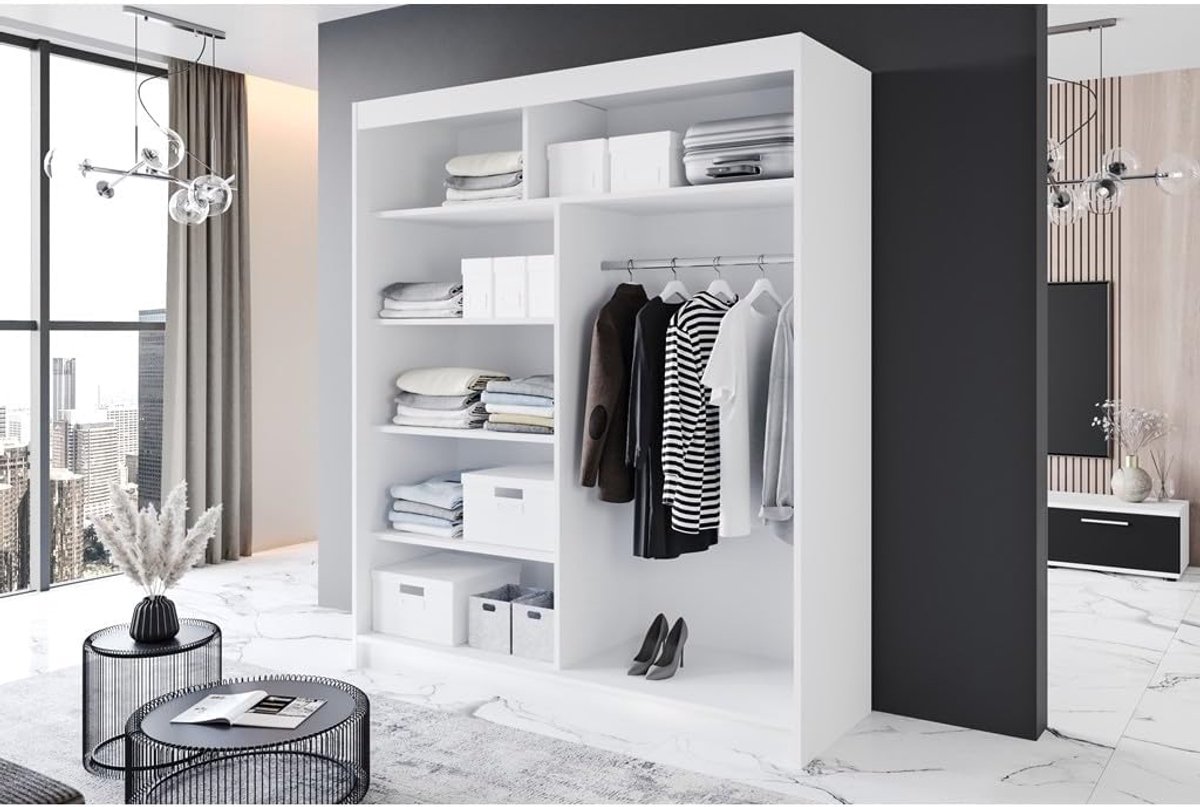Kledingkast met schuifdeuren en spiegel 180x58x215 cm met 5 legplanken en kledingstang, ruime garderobekast moderne slaapkamerkast wit zwart – Vermissen