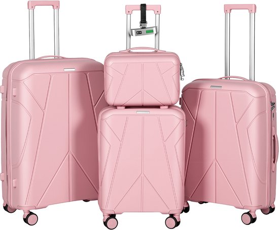 Vier roze koffers van xDays opgesteld: een toiletzak, een 20-inch, een 24-inch en een 28-inch koffer, met bagageweegschaal.