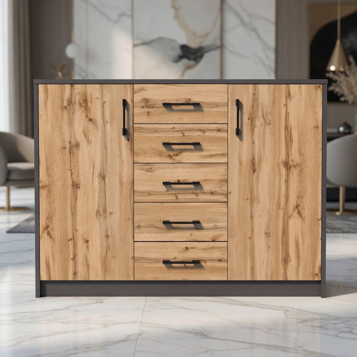 Mobili Bella Luxe Commode Kast 110 cm – 5 Lades & 2 Deuren – Grafiet Eiken Dressoir met Soft-Close Ladegeleiders – Moderne Opbergkast Slaapkamer & Woonkamer – Houten Design Kast