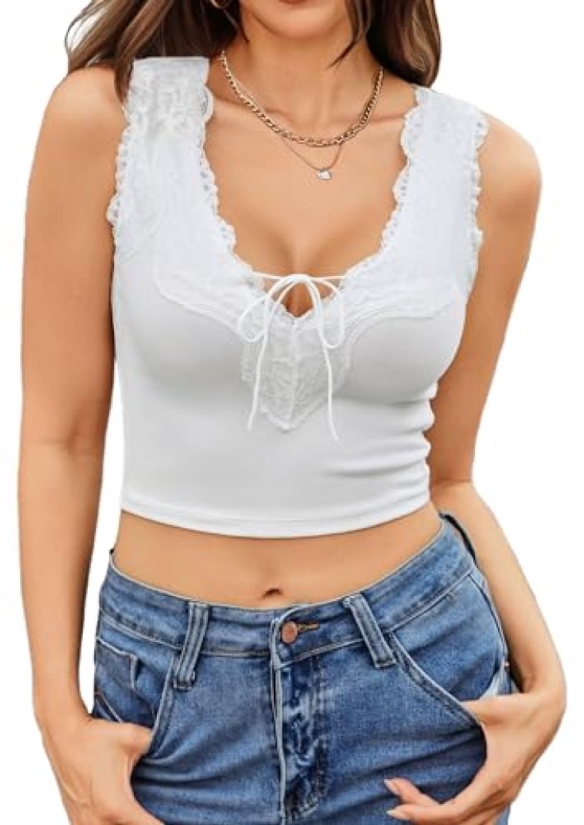 V-hals kant top voor dames - Mouwloze korte top met strikdetail - Wit - Maat S