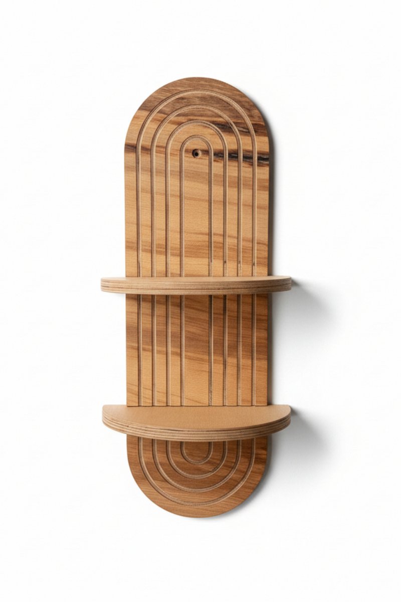 Luxe Beukenhouten Wandplank Dubbel | Boogvormige Wandorganizer | Design Wandrek | Naturel | 55x24x12 cm