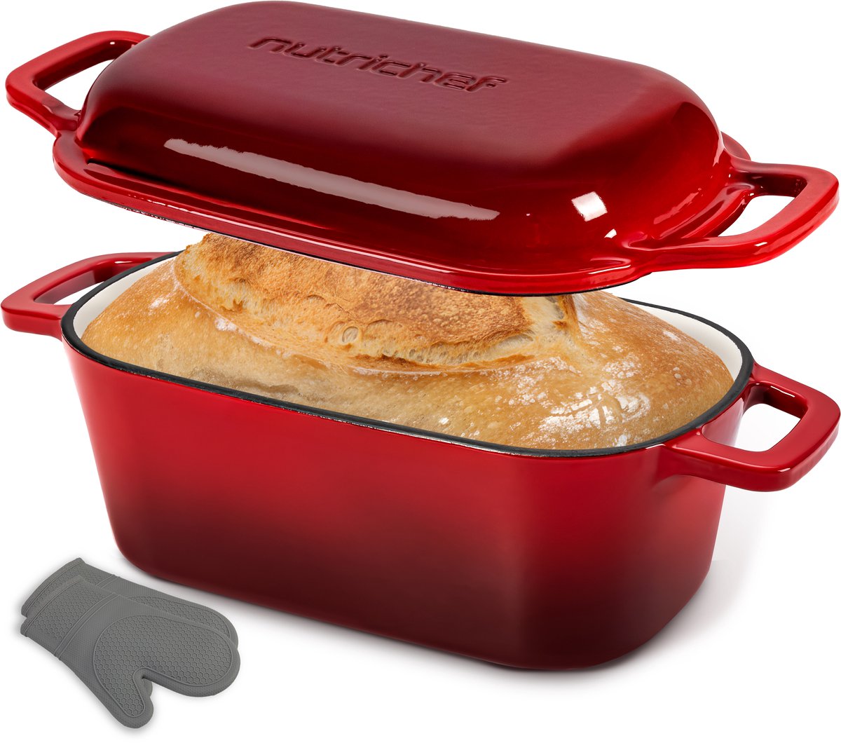 NutriChef Dutch Oven - 3.4L Gietijzeren Broodbakvorm - Geëmailleerd - Ovalen Dutch Oven - Inclusief Siliconen Handschoenen - Vaatwasserbestendig - Rood