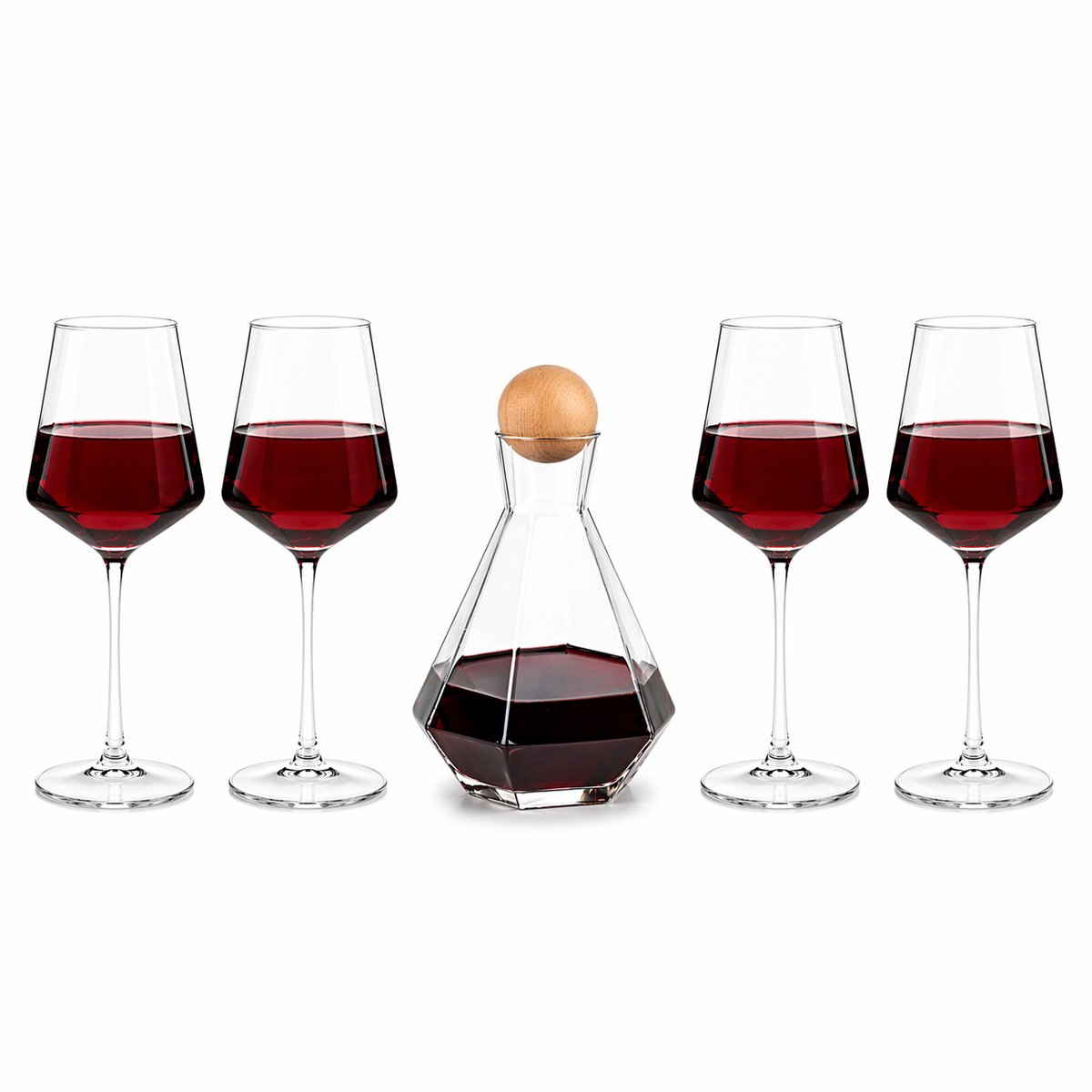EasyMart Wijnglazen Set met Karaf – 4 Glazen 430 ml & Karaf 1300 ml – Diamant Design – Luxe Wijn Set – Vaatwasserbestendig