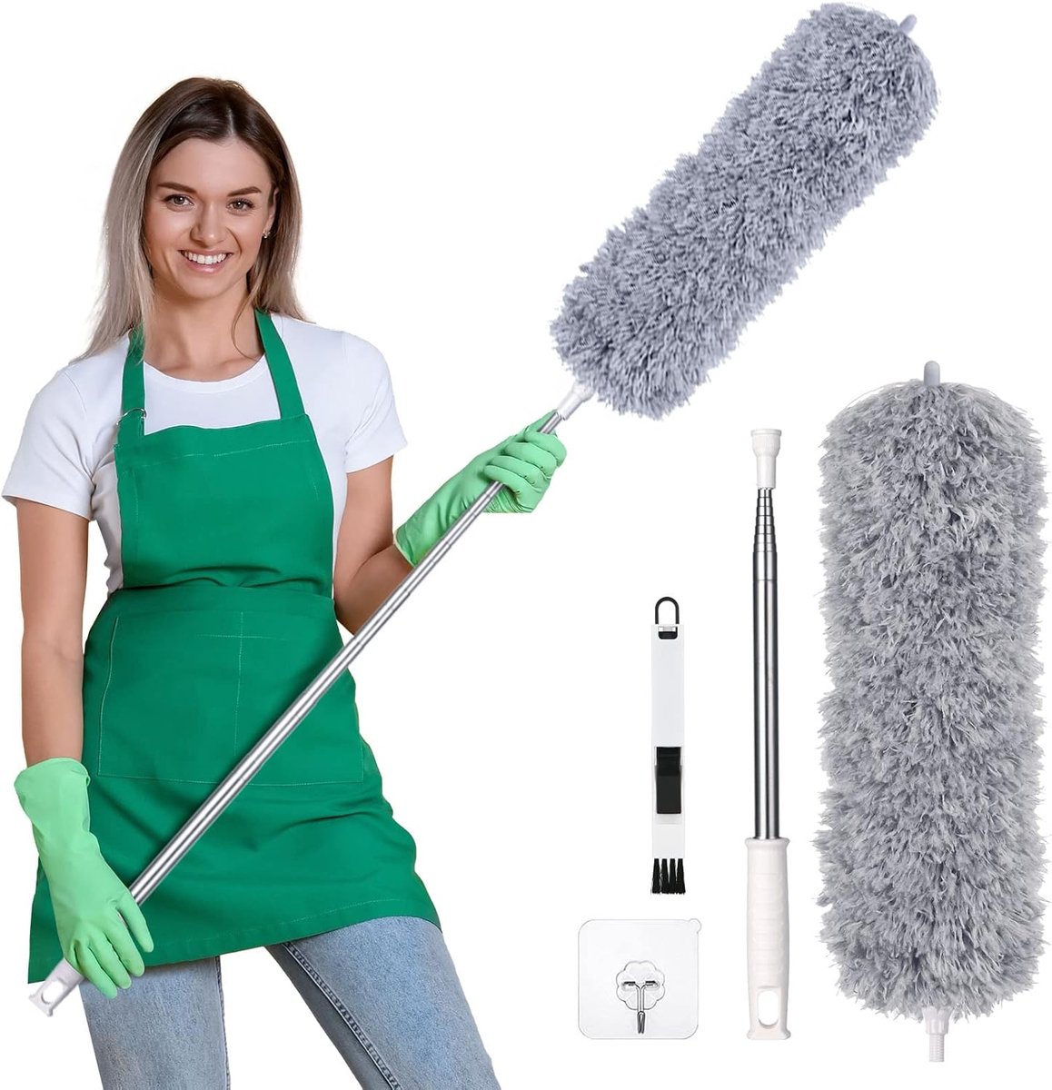 Microvezel Stofzuiger Uitschuifbaar – Moeiteloos Hoge Plekken Reinigen – Telescopische Steel 245 cm – Flexibele Wasbare Duster – Plafondreiniger Stofdoek Set met Raamgoot Borstel – stofwisser plumeau telescopisch