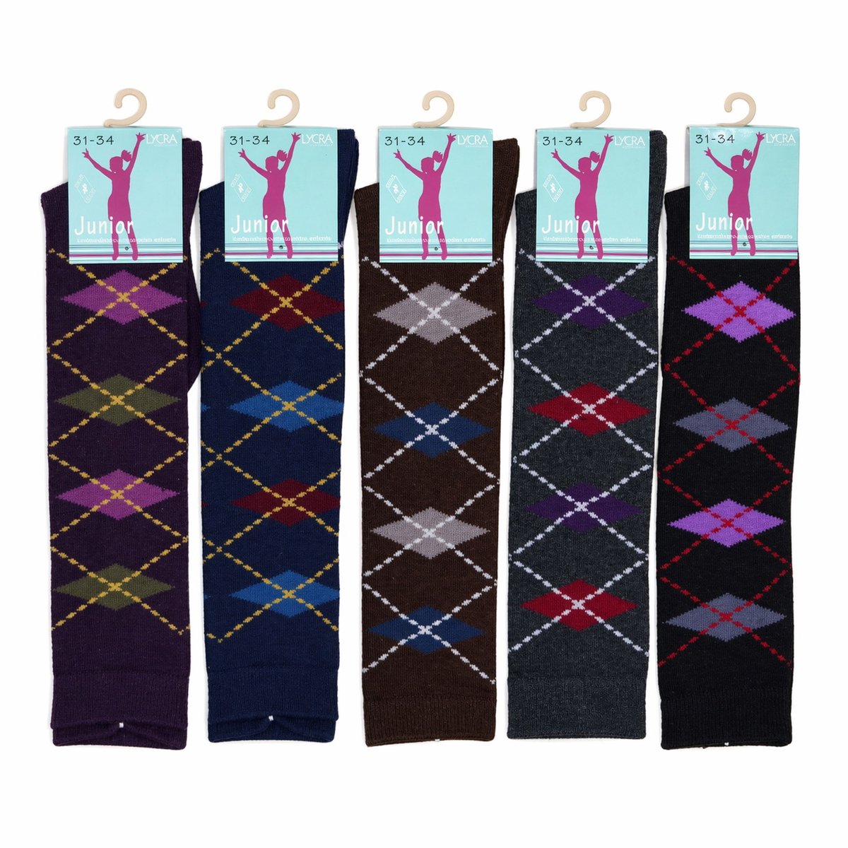 Junior - 90% coton + 5% polyamide + 5% élasthanne - niet naadloos -mi bas junior fantasie - 5 paar - zwart - blauw - antraciet - paars - bruin - maat 27/30