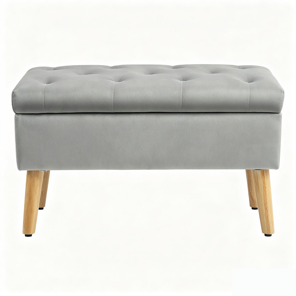 Opbergbank met deksel fluwelen gestoffeerde bank met knoopdetails houten rubberwood poten grijs 80x35x40 cm opberg zitbank voor hal, slaapkamer en woonkamer