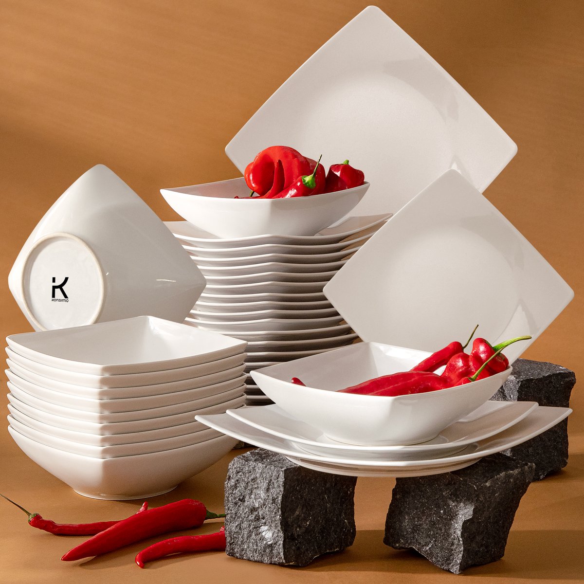 KONSIMO® EPIRI - 36 delig - 12 persoons - Keramiek - Dessertbord, Diepbord, Dinerbord - Wit