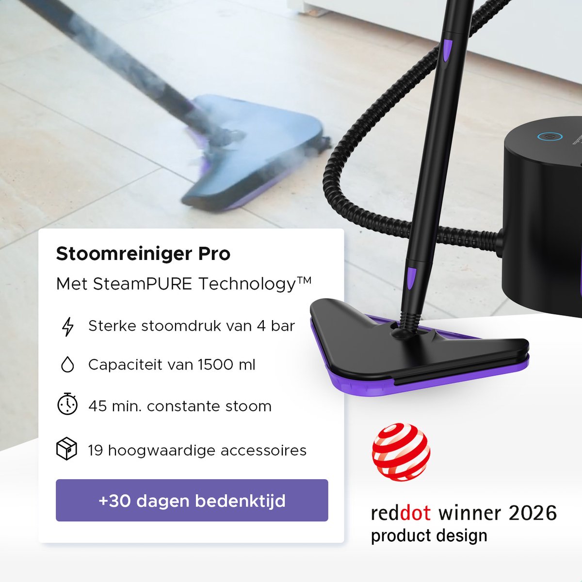 Motionflow Stoomreiniger PRO 4 bar – 16-delig, 1500W thumbnail 2