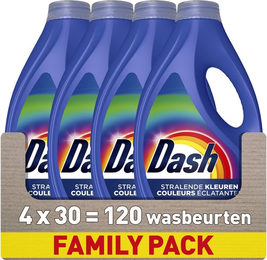 Quatre bouteilles de lessive Dash avec un logo arc-en-ciel et le texte 'PACK FAMILIAL 4x30 lavages'.