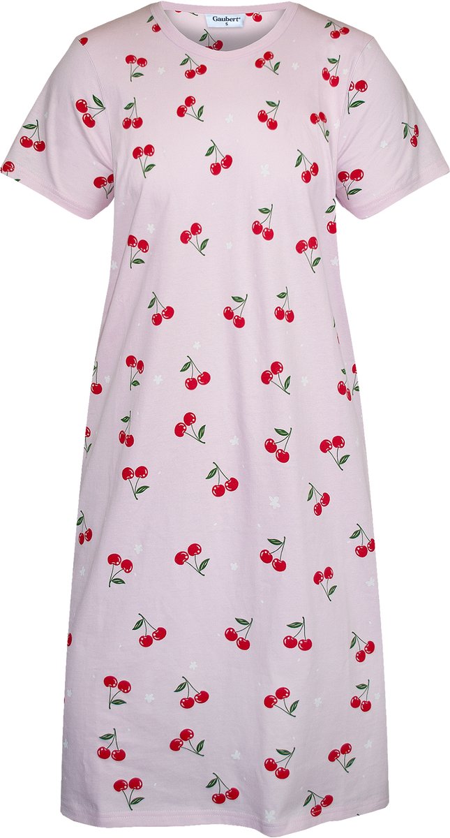 GAUBERT ® Essential Dames Nachthemd Korte Mouw - Premium Gekamd Katoen - Kersjes - Roze - GB-6820 Korte Mouw, Roze, Kersjes