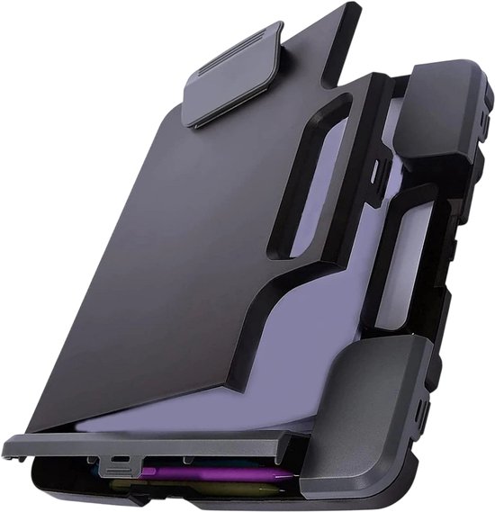 Porte-bloc portable avec espace de rangement – Porte-bloc en plastique avec poignée – Boîte porte-bloc de rangement avec ouverture latérale – Dossier d'écriture avec compartiment de rangement pour documents et papier