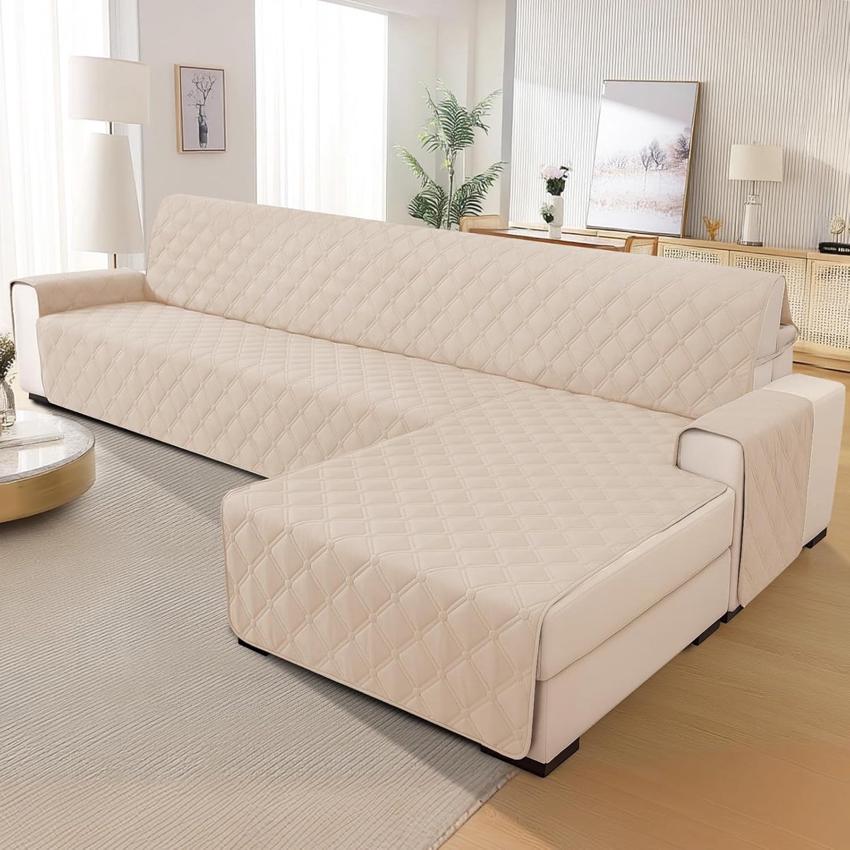 Waterdichte Bankhoes Hoekbank 2 Zits(L-Vorm 210cm), Omkeerbaar Rechter/Linker Universele Peninsula Sofa Cover L Shape, met Armleuningen, Bankovertrek Tegen Dierenharen, Beige