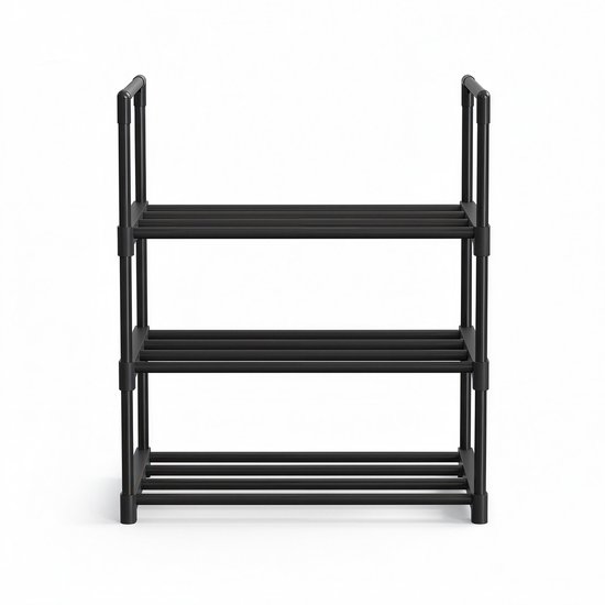 Étagère à chaussures noire à 3 niveaux avec cadre et étagères en métal.