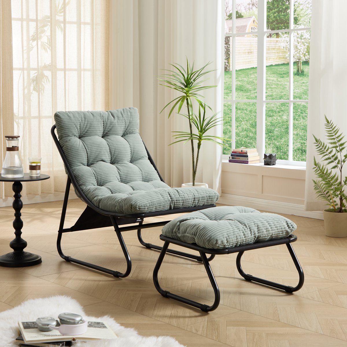 MODENUIT Loungestoel 65 x 78 x 86 cm - Met Voetenbank - Voor Woonkamer, Slaapkamer en Buiten - Staal Lichtgroen