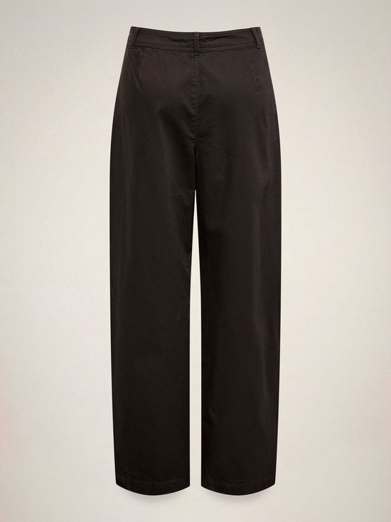 Donkerbruine wijde broek met hoge taille, weergegeven vanaf de achterkant.