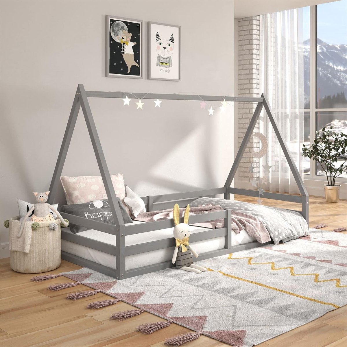 Montessori Hutbed Kinderbed 90x200 cm met Valbescherming en Dakframe - Massief Grenen Speelbed met Lattenbodem en Lage Instap - Grijs - Laura