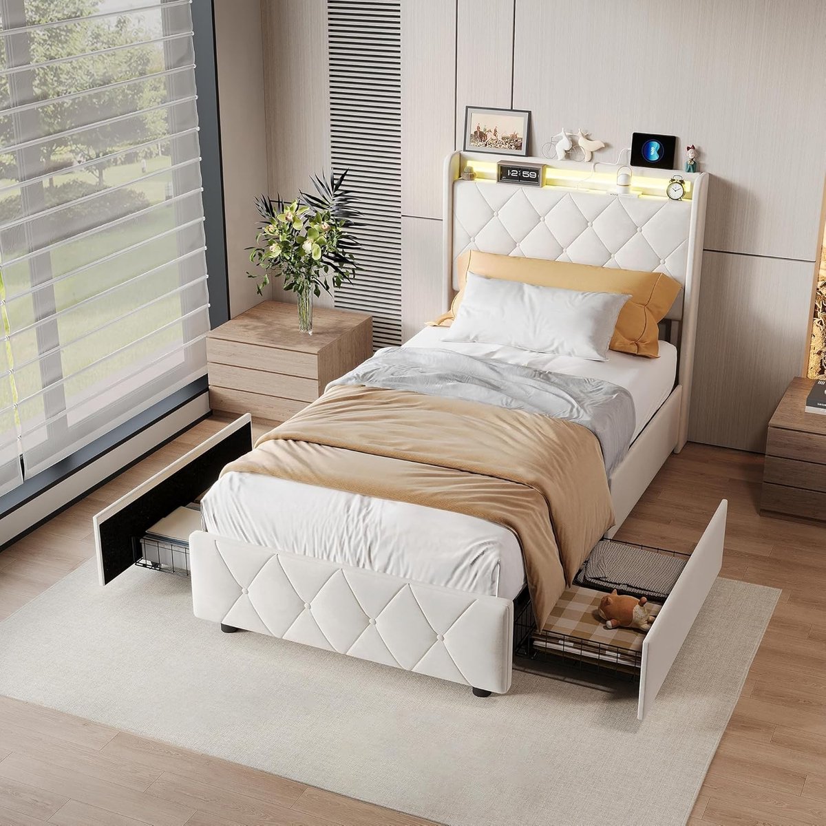 Luxe Velvet Opbergbed 90x200 cm met LED Verlichting, USB-poort en 4 Lades – Modern Gestoffeerd Bedframe met Hoofdbord en Lattenbodem, Beige