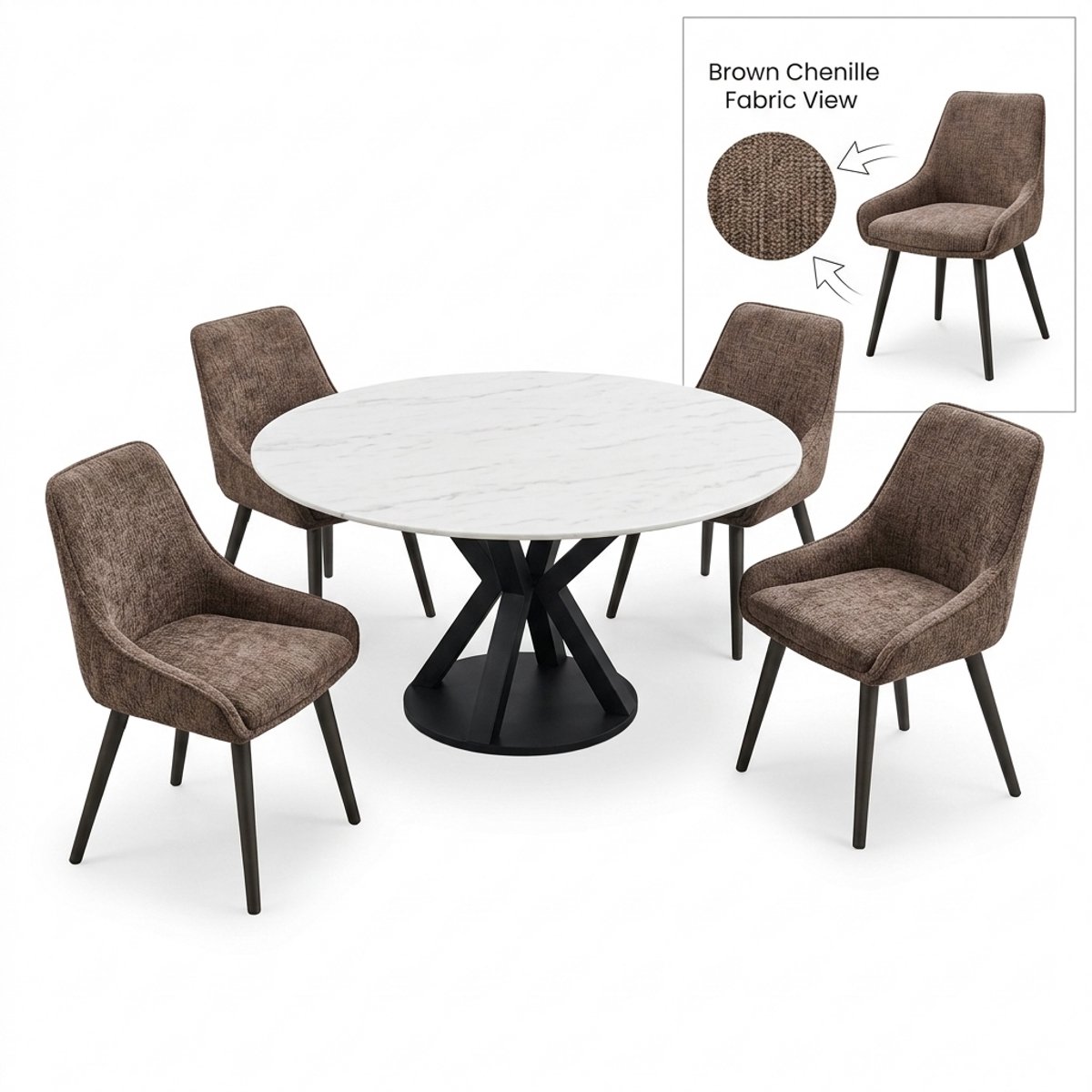 Eetkamerstoelen Set van 4 - Comfortabele Kuipstoel met Armleuning - Industrieel Design - Chenille Bruin - 57x51x85 cm - Laura