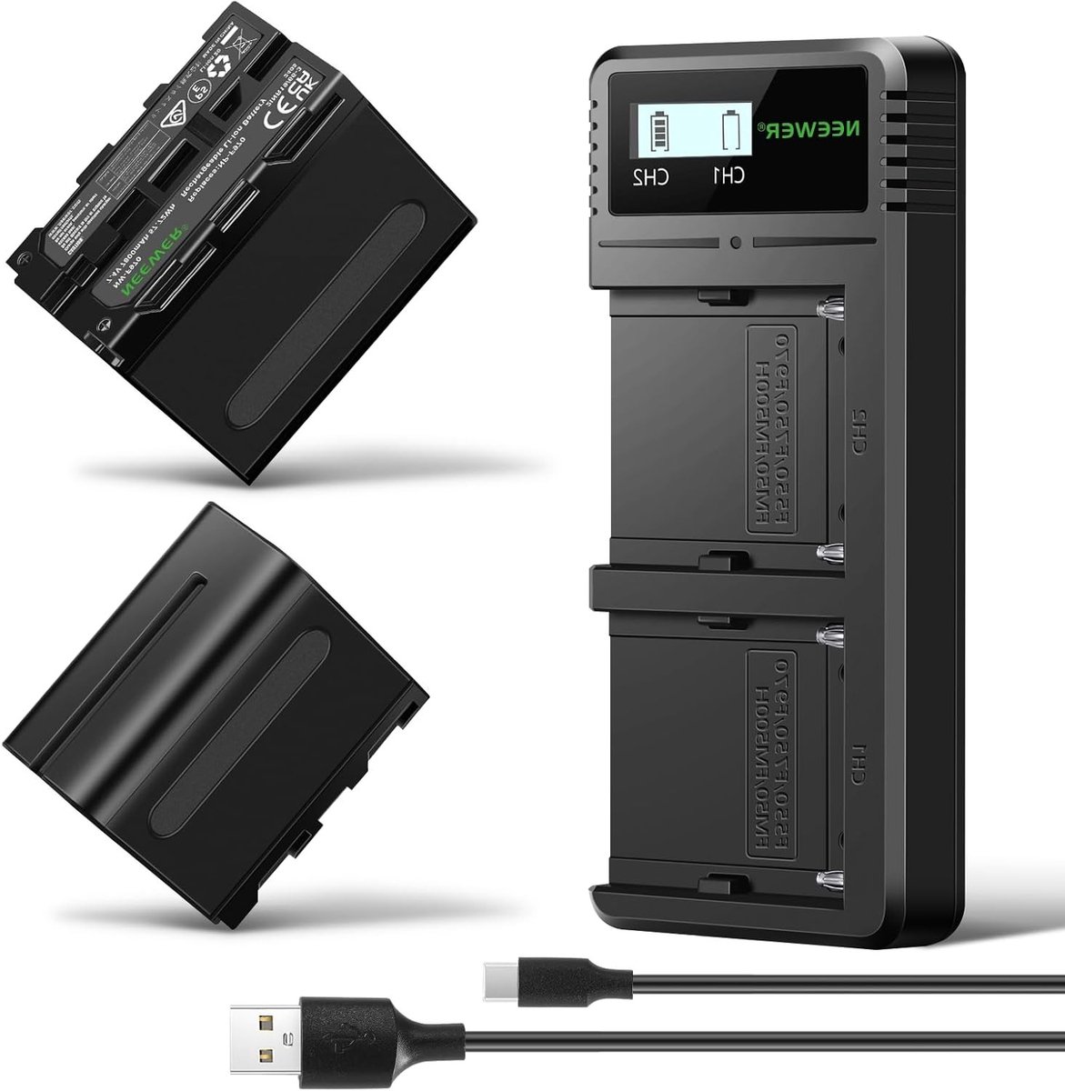 2 Stuks 7800mAh Vervangende Batterijen met LCD Snellader en Dual USB, Geschikt voor Sony NP-F970 F960 F950 F770 F750 F570 F550, Handycam en LED Verlichting