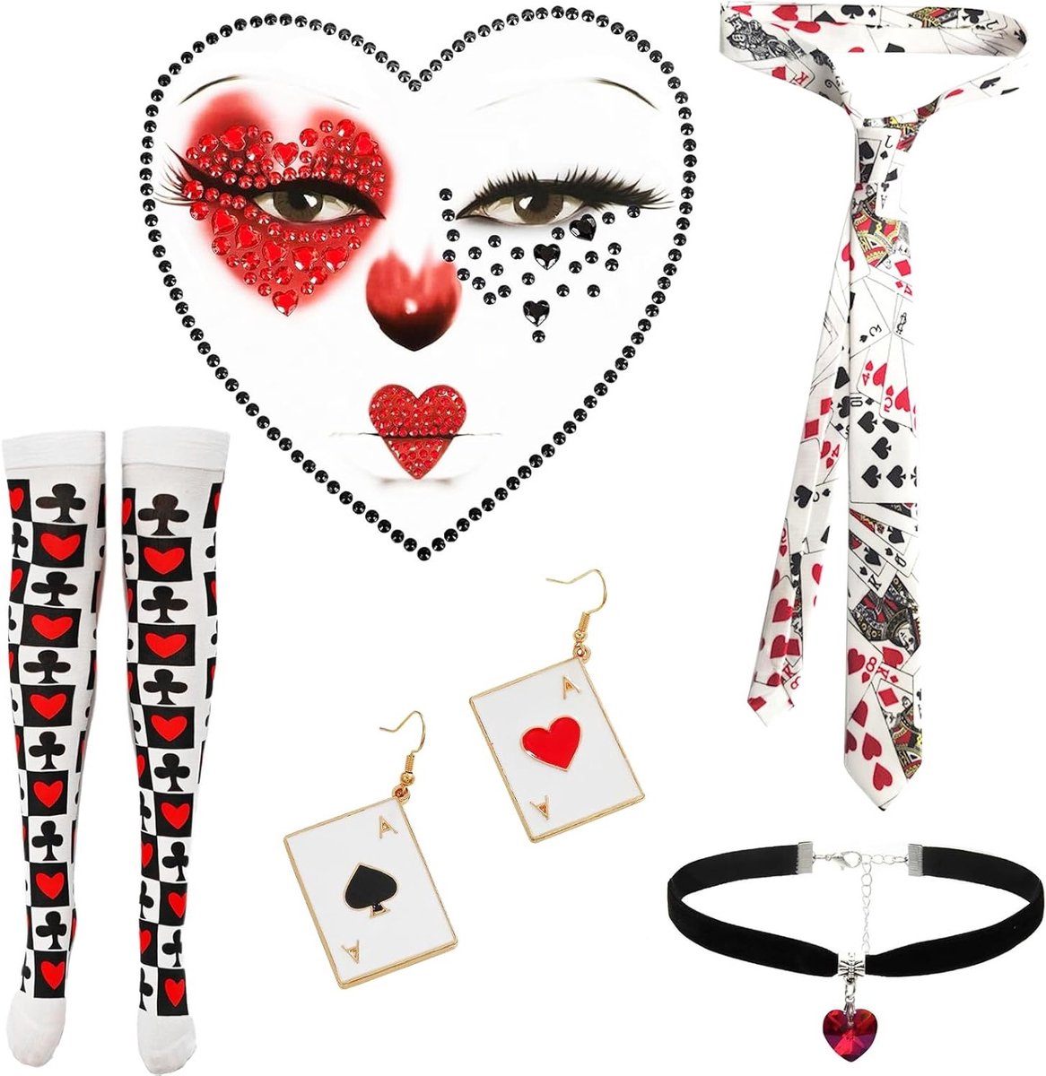 Speelse Kaarten Kostuum voor Vrouwen - 7 Delige Set met Hart Koningin Outfit voor Carnaval en Casino, Inclusief Poker Kaarten, Kousen en Accessoires in Rood, Wit en Zwart, One Size