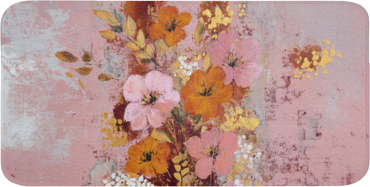 Badmat 120x60 cm - Antislip - Schilderij - Bloemen - Rustiek - Roze - Badmatten voor badkamer - Badkamermat - Douchemat - Badkamer mat