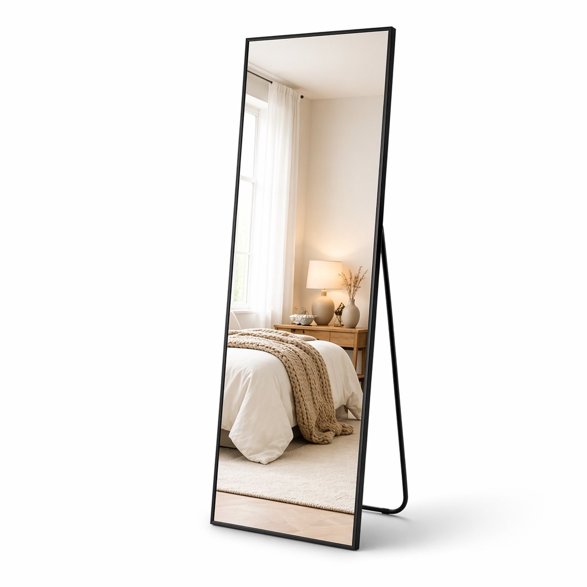 Staande Spiegel Zwart - 47x160 CM - Wandspiegel - Staande Spiegel met Metalen Rand - Zwart - Passpiegel