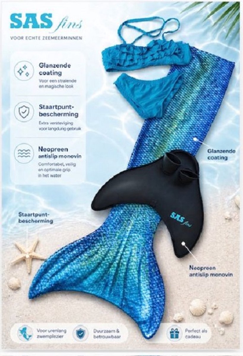 Zeemeerminstaart set Oceans Splash | Extra smalle taille | Met Shine coating & slijtvaste staartpunten. Maat 146/152