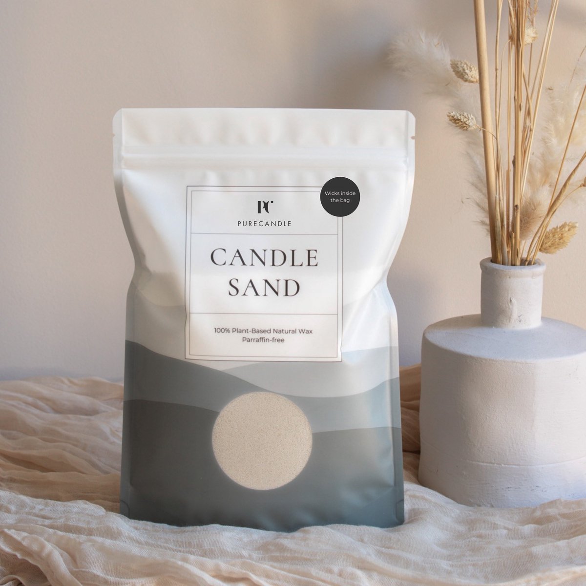 PureCandle Kaarsenzand met Lonten – Licht Beige – 450g (740ml) – 30 Lonten – Moederdag Cadeau - Kaarsenset - Navulset voor Kaarsendecoratie Decoratiezand - origineel cadeau - Poederkaars - Kaarspoeder