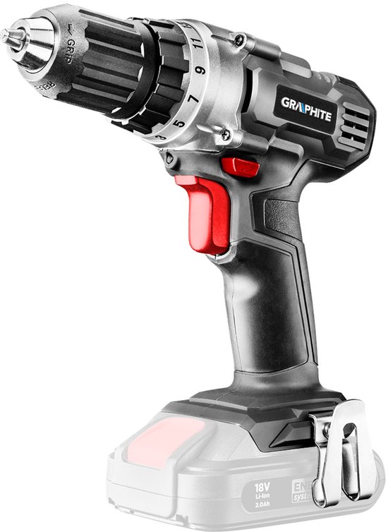 Graphite accuboormachine met rode trigger, zwarte grip en batterij-indicator.